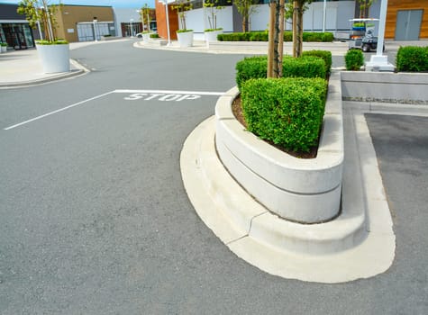 Architectural flowerbed on city street. Decorative road space divider.