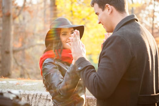 Beautiful gourgeous caucasian couple in autumn park