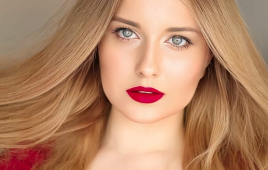 Hairstyle, beauty and hair care, beautiful woman with long blonde healthy hair, model wearing matte red lipstick makeup, glamour portrait for hair salon and haircare.