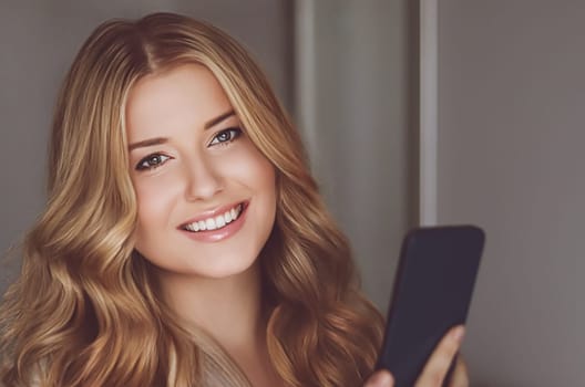 Beautiful woman having a video call and talking on mobile phone, girl doing online shopping on smartphone.