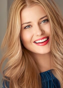 Beauty and femininity, beautiful blonde woman with long blond hair smiling, natural portrait closeup