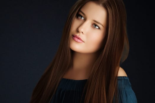 Beauty, makeup and skincare, face portrait of beautiful woman with long hairstyle on black background for luxury cosmetics, wellness or glamour fashion look