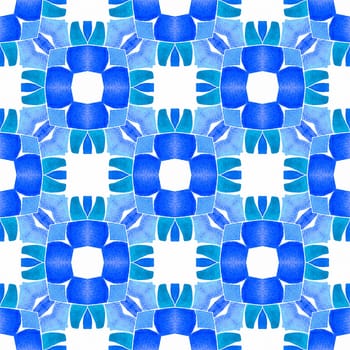 Hand painted tiled watercolor border. Blue curious boho chic summer design. Textile ready bizarre print, swimwear fabric, wallpaper, wrapping. Tiled watercolor background.