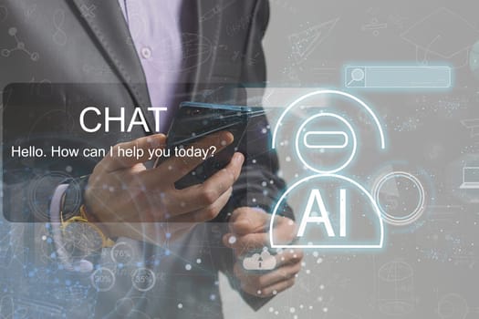 Chat with AI or Artificial Intelligence. Young businessman chatting with a smart AI or artificial intelligence using an artificial intelligence chatbot developed by AI