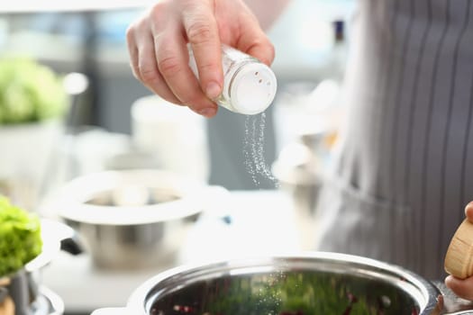 Chef adds salt from salt bowl to dish. Chef prepares a delicious dish