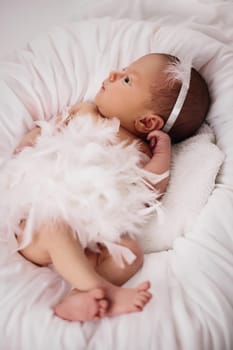 sweet newborn baby girl in dress with feathers in white nest.