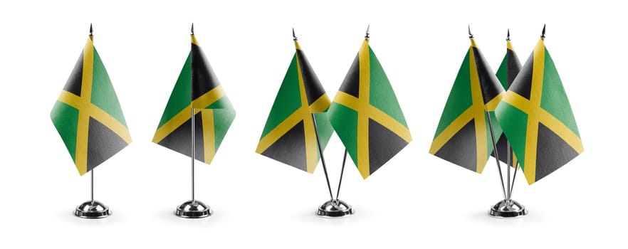 Small national flags of the Jamaica on a white background.