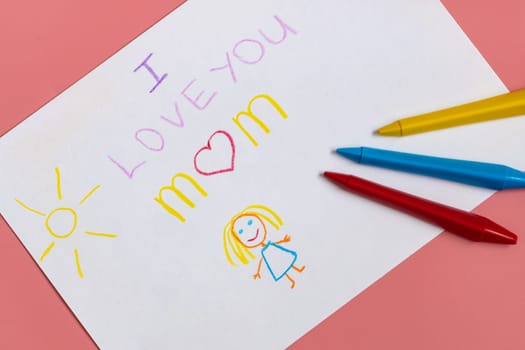 Greeting card for mummy on happy mothers day. Drawing by kids with love congratulate for mom