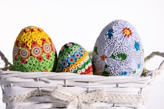 Colorful designs on handmade Easter eggs for the celebration of the Easter world. Christian holidays and its symbols.