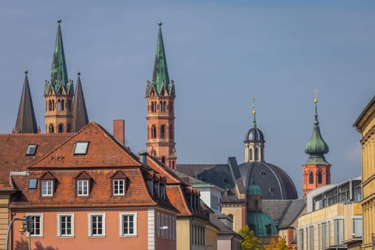 Wurzburg cityscape with towers at sunset, famous Romantic road in Bavaria, Germany