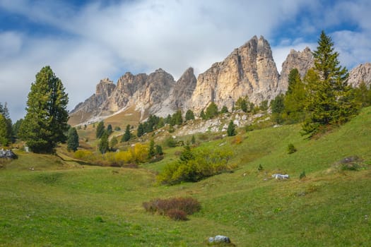 Italian Dolomites, idyllic Gardena pass landscape in south Tyrol, Northern Italy