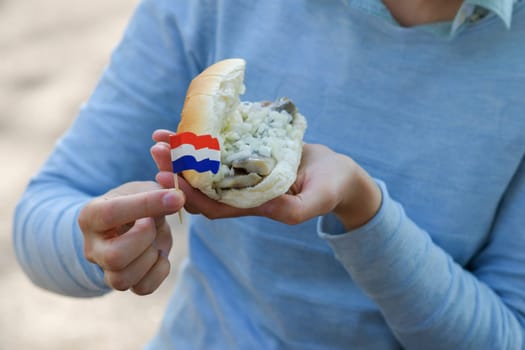 Dutch sandwich and onion with herring in a hands outdoors