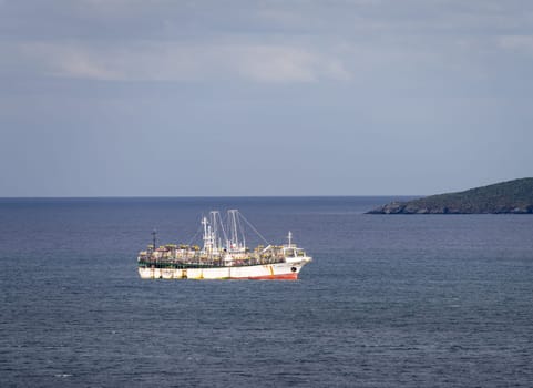 Port Stanley, Falkland Islands - 31 January 2023: Korean fishing boat equipped with electric lights for squid fishing