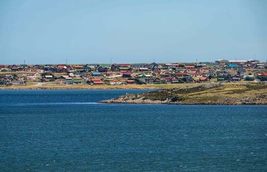 Cityscape of the town of Stanley on the Falkland Islands from the ocean