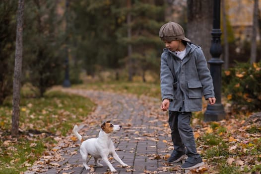 Caucasian boy playing with a dog for a walk in the autumn park