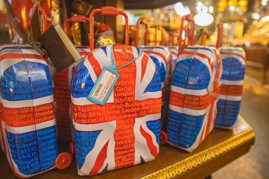 travel bags with the English flag for sale. photo