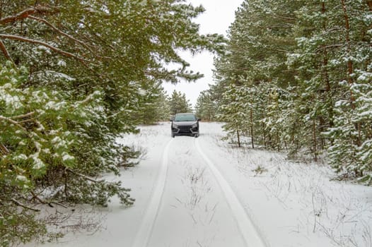 a car on a snowy road in a winter forest. photo