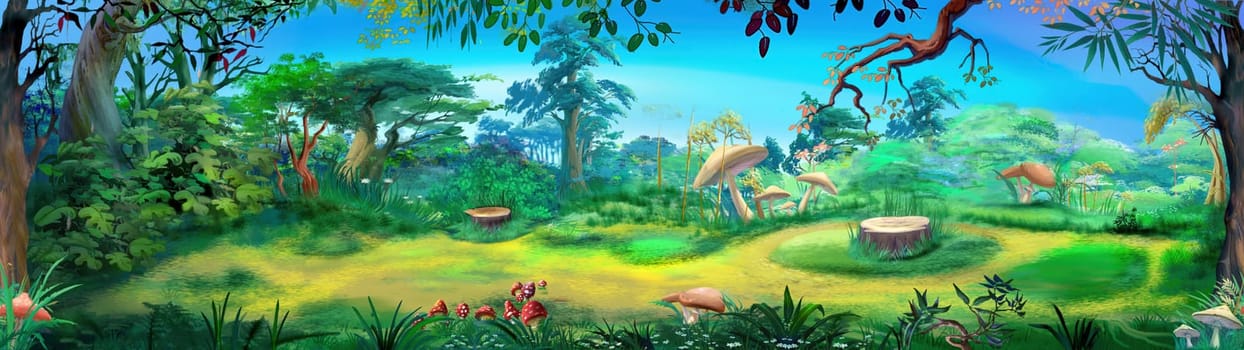 Green plants and tree stump in a forest glade on a summer day. Digital Painting Background, Illustration.