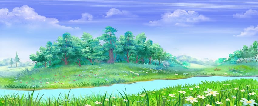 Blue river near a green forest on a sunny summer day. Digital Painting Background, Illustration.