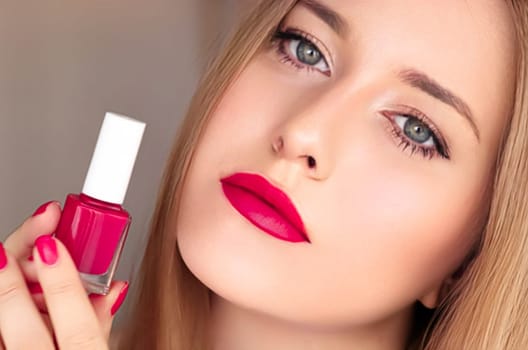 Beauty product, makeup and cosmetics, face portrait of beautiful woman with nail polish, manicure and matching pink lipstick make-up for luxury cosmetic, style and fashion.