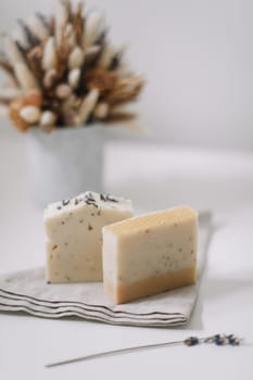 Handmade natural soap on white background. Spa natural treatments. organic natural soap, spa and wellness products