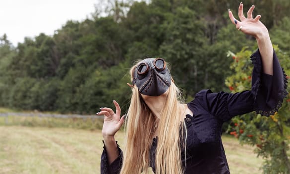 A mysterious and surreal portrait of a young woman in a plague mask.