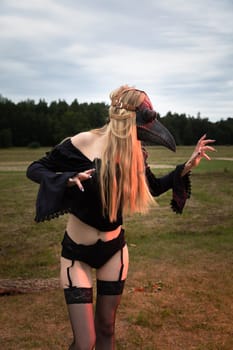 A mysterious and surreal portrait of a young woman in a plague mask.