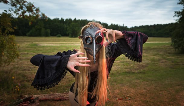 A fascinating and surreal photo of a woman in a crow mask amidst a field and forest.