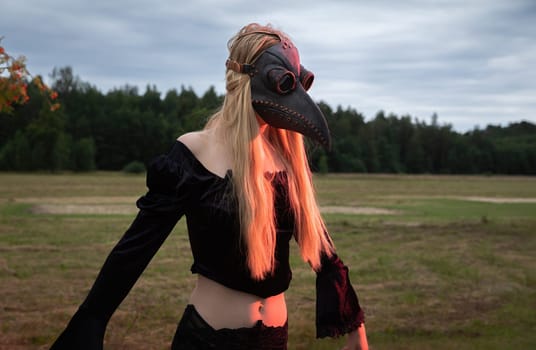 A mysterious and surreal portrait of a young woman in a plague mask.