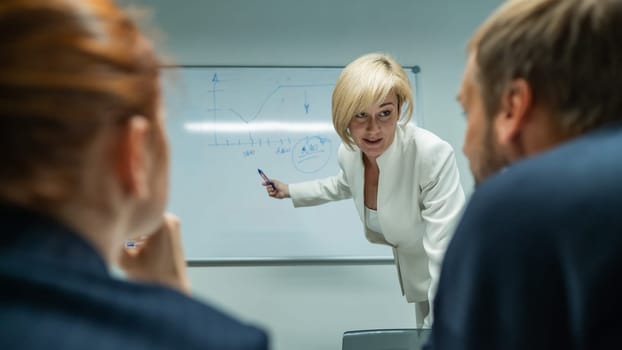 Caucasian woman blonde leads a presentation for colleagues