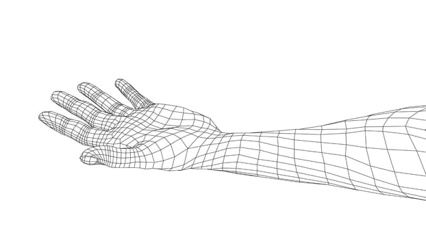 Open palm hand gesture of male hand. 3d illustration. Wire-frame style