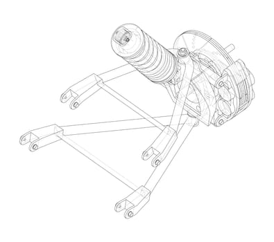 Car suspension with shock absorber. 3d illustration. Wire-frame style