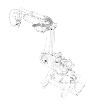 Industrial robot manipulator. 3d illustration in sketch style or blueprint