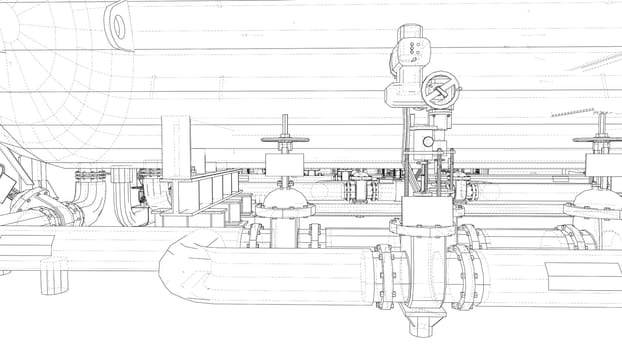 Sketch of industrial equipment. 3d illustration. Wire-frame style