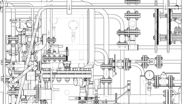 Valves and other industrial equipment. 3d illustration. Wire-frame style. Orthography