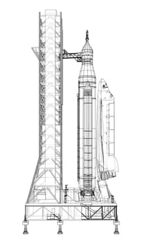 Space Rocket on launch pad. 3d illustration. Wire-frame style. Elements of this image furnished by NASA