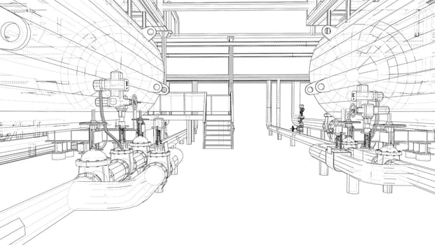 Sketch of industrial equipment. 3d illustration. Wire-frame style