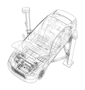 Car lift stand tower with car. 3d illustration