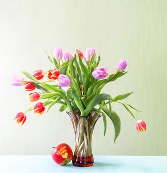 Bouquet of beautiful spring tulip flowers on soft green background.