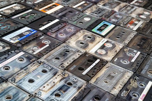 March 28,2021, Minsk, Belarus.A huge collection of audio cassettes. Retro music background.
