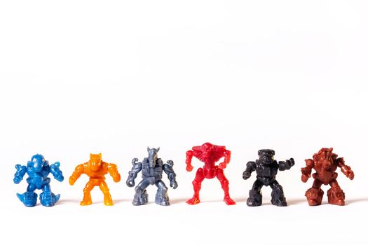 Vintage robot toys isolated on white background.