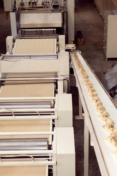 machine for making cookies in the factory. Conveyor belt with Cookie dough.