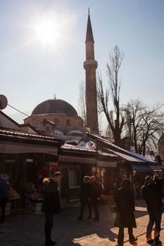 SARAJEVO, BOSNIA-ERZEGOVINA - FEBRUARY, 16: View of the Bascarsijska Dzamija minaret on February 16, 2018