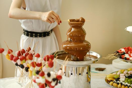 Fondue with a chocolate fountain and sweets for it.Sweet theme.