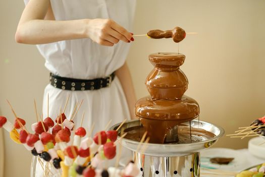 Fondue with a chocolate fountain and sweets for it.Sweet theme.