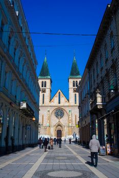 SARAJEVO, BOSNIA-ERZEGOVINA - FEBRUARY, 16: View of the The Sacred Heart Cathedral, Catholic church in the old town of Sarajevo. Erected 1884-1889 on February 16, 2018