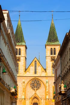 View of the Sacred Heart Cathedral, Catholic church in the old town of Sarajevo. Erected 1884-1889