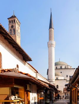 SARAJEVO, BOSNIA-ERZEGOVINA - FEBRUARY, 16: View of the Gazi Husrev-bey Mosque and the Clock Tower called Sahat Kula on February 16, 2018