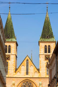 View of the Sacred Heart Cathedral, Catholic church in the old town of Sarajevo. Erected 1884-1889