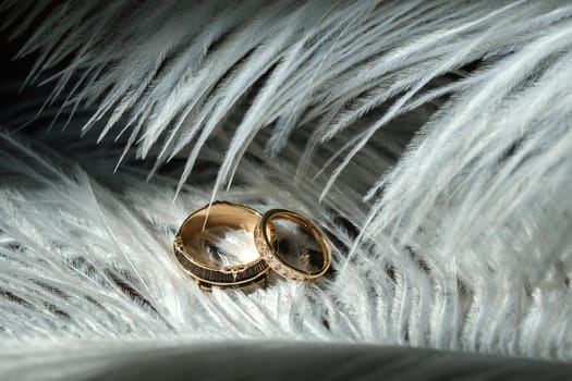 Two wedding rings lie in white feathers. The concept of love.